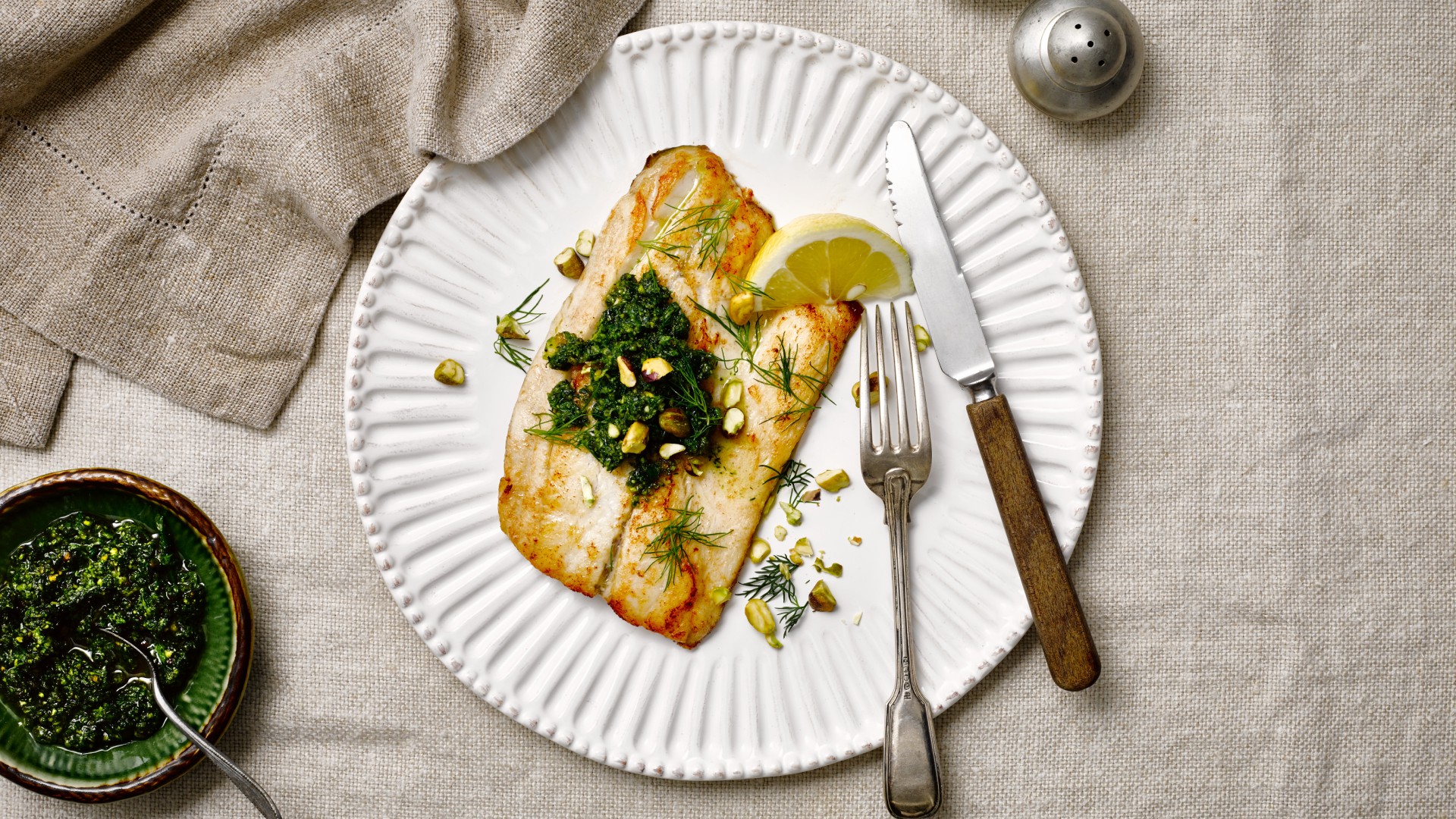 Barramundi Fillets Pan-Seared with Macadamia Nut Pesto