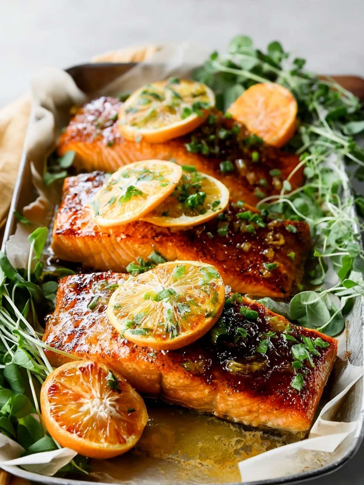 Glazed Regional Citrus Salmon with Garlic Sautéed Greens