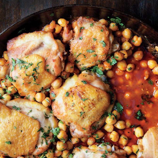 Sautéed Chicken Thighs with Spicy Harissa Chickpeas