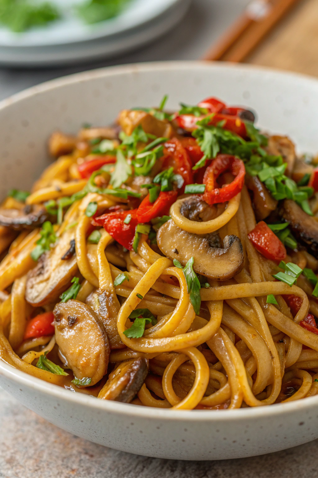Stir-Fried Udon Noodles with Ginger and Shiitake Mushrooms