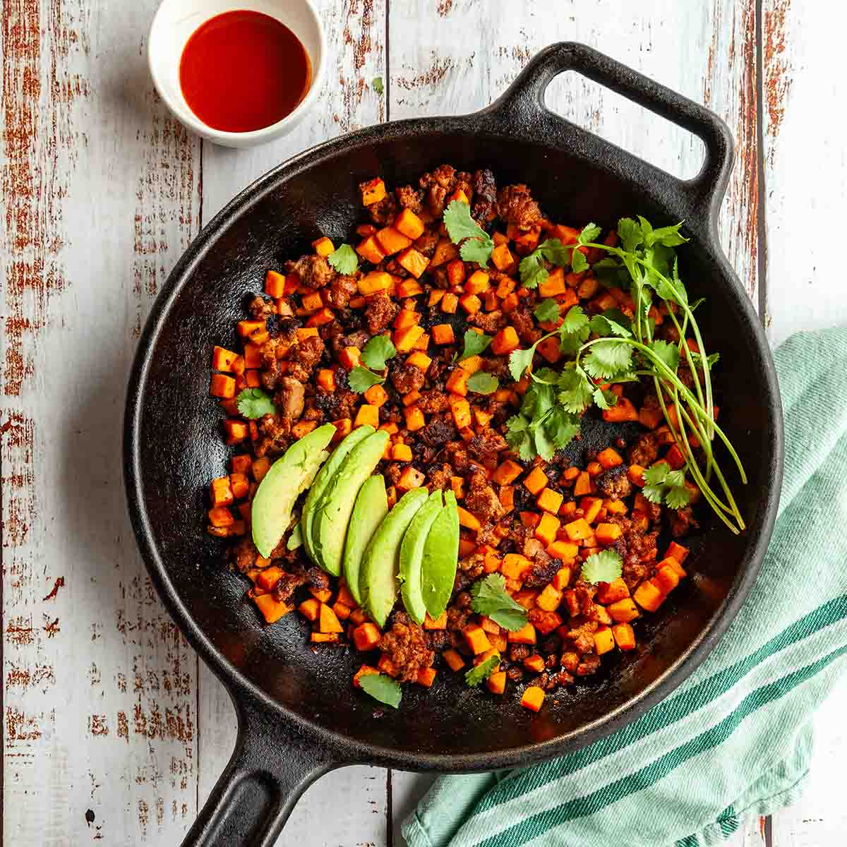 Skillet-Baked Sweet Potato and Chorizo Hash