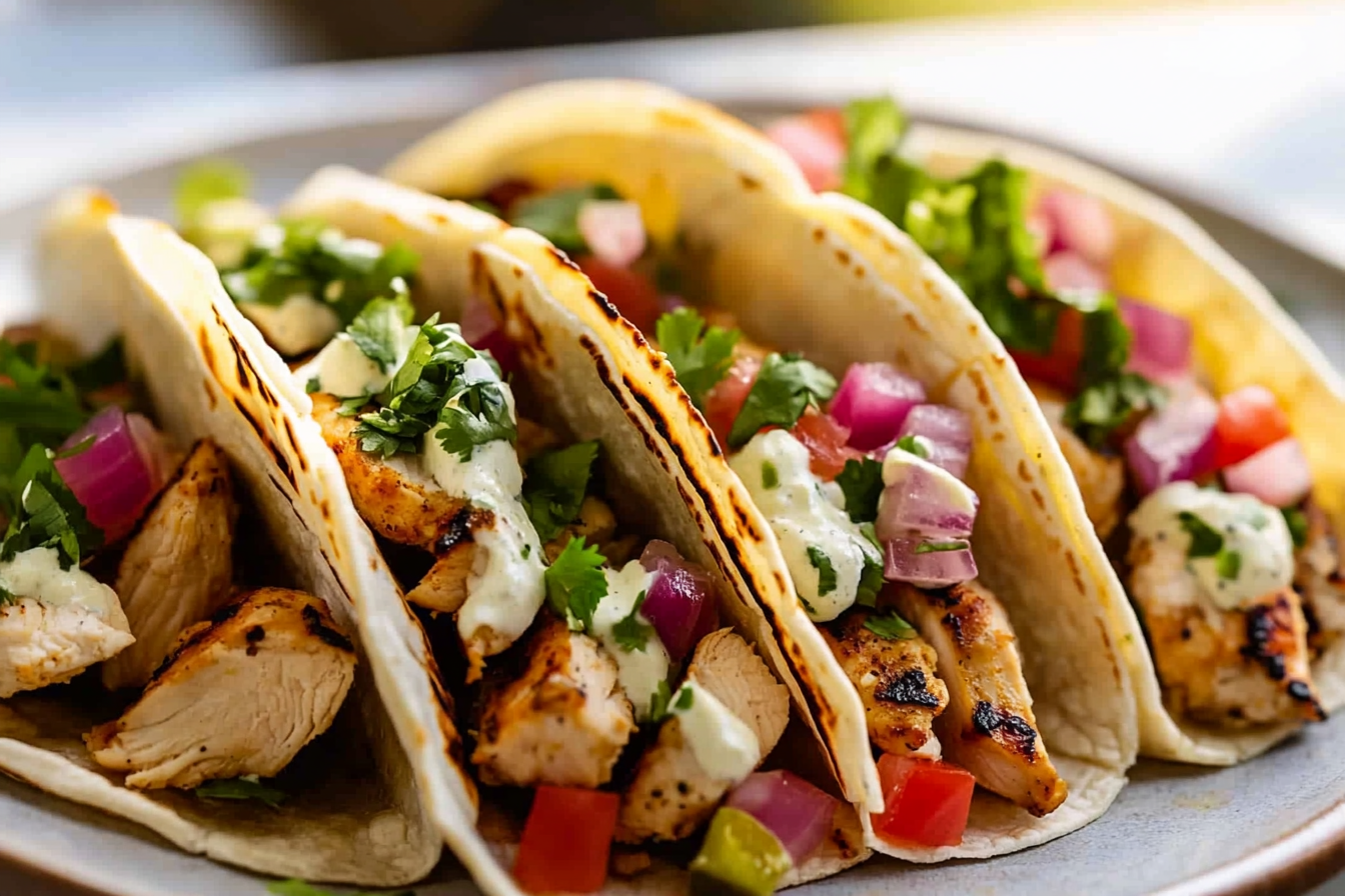 Grilled Mezcal-Marinated Chicken Tacos with Pickled Red Onions