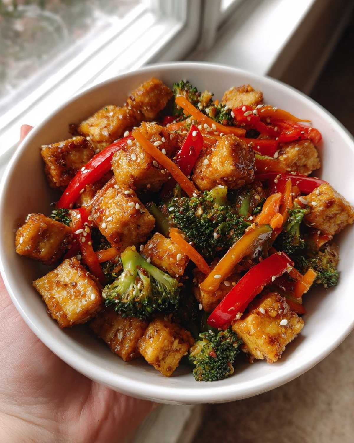 Stir-Fried Tofu with Garlic-Sesame Broccoli and Ginger Sauce