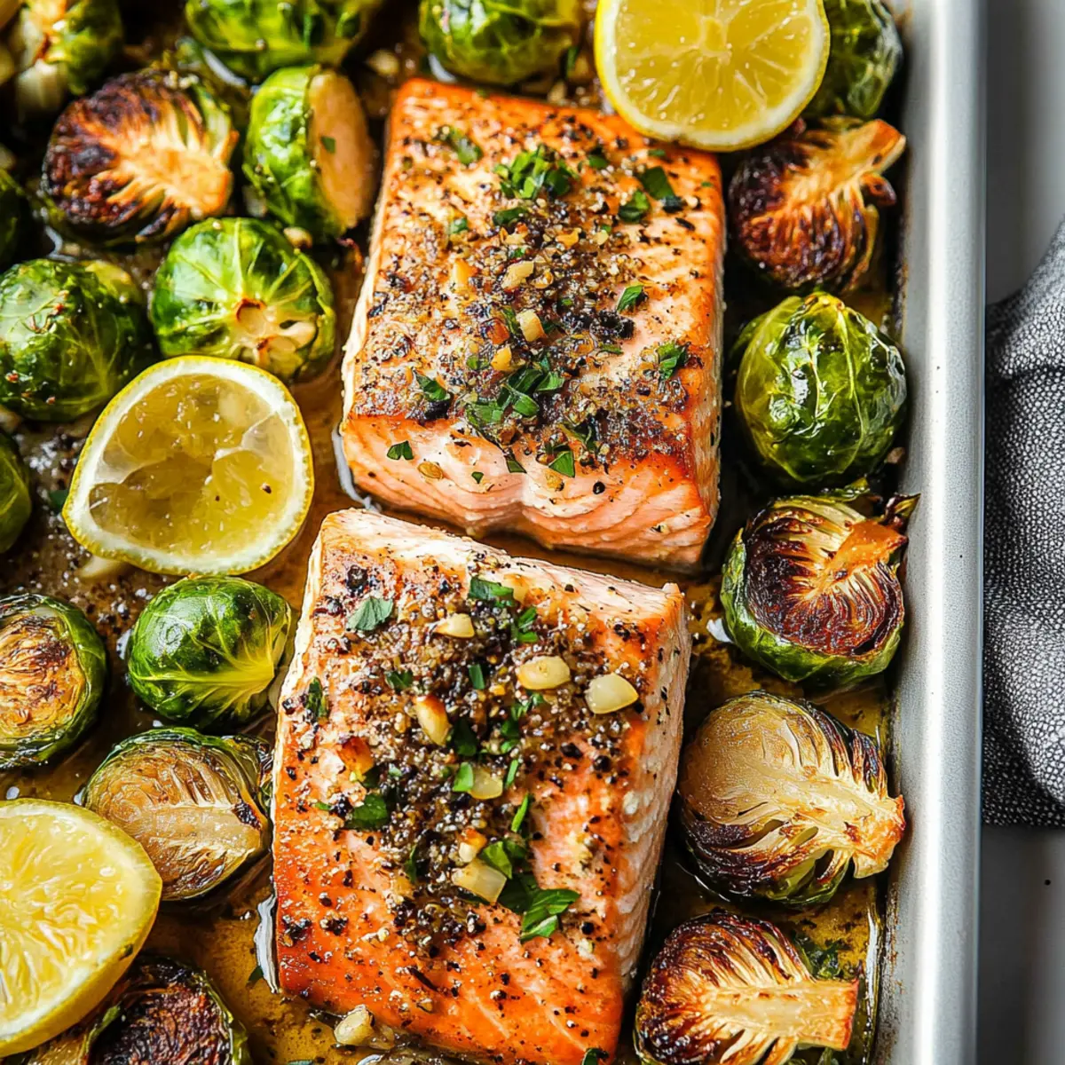 Pan-Seared Salmon with Roasted Garlic and Brussels Sprouts