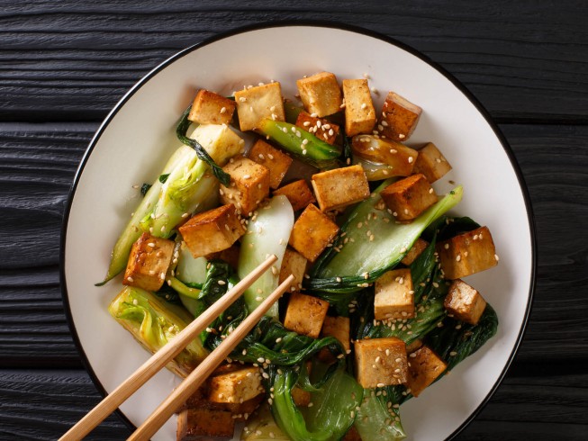 Stir-Fried Tofu with Garlic-Sesame Sauce and Baby Bok Choy