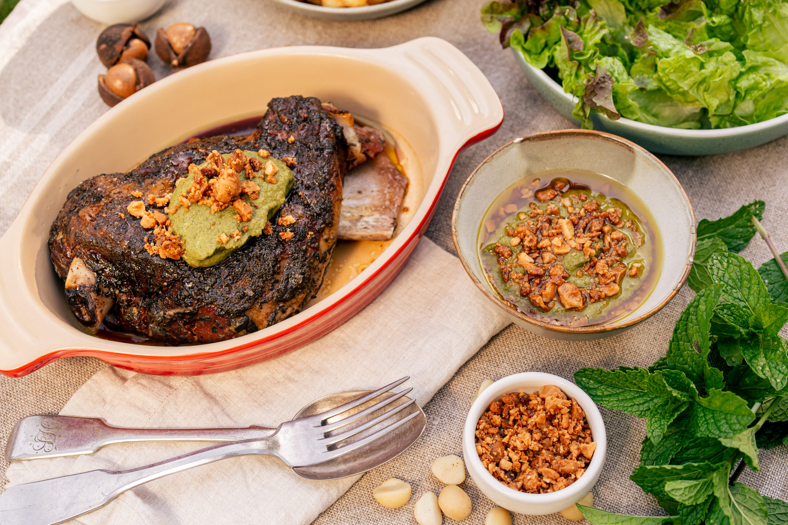 Slow-Cooked Lamb with Bush Tomato and Macadamia Sauce