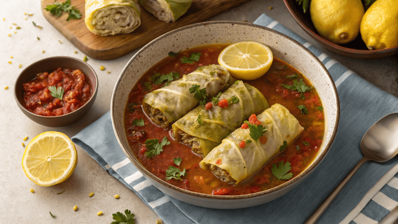 Cabbage and Rice Stuffed Vine Leaves with Lemon