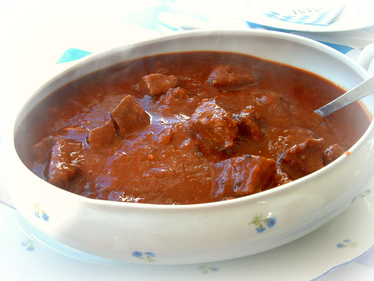 Austrian Braised Beef Goulash with Kaiser Roll Croutons