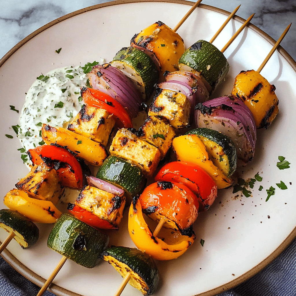 Charred Vegetable Souvlaki Skewers with Tzatziki