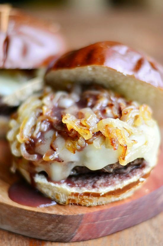 Wood-Grilled Burger with Caramelized Onions and Aged Cheddar