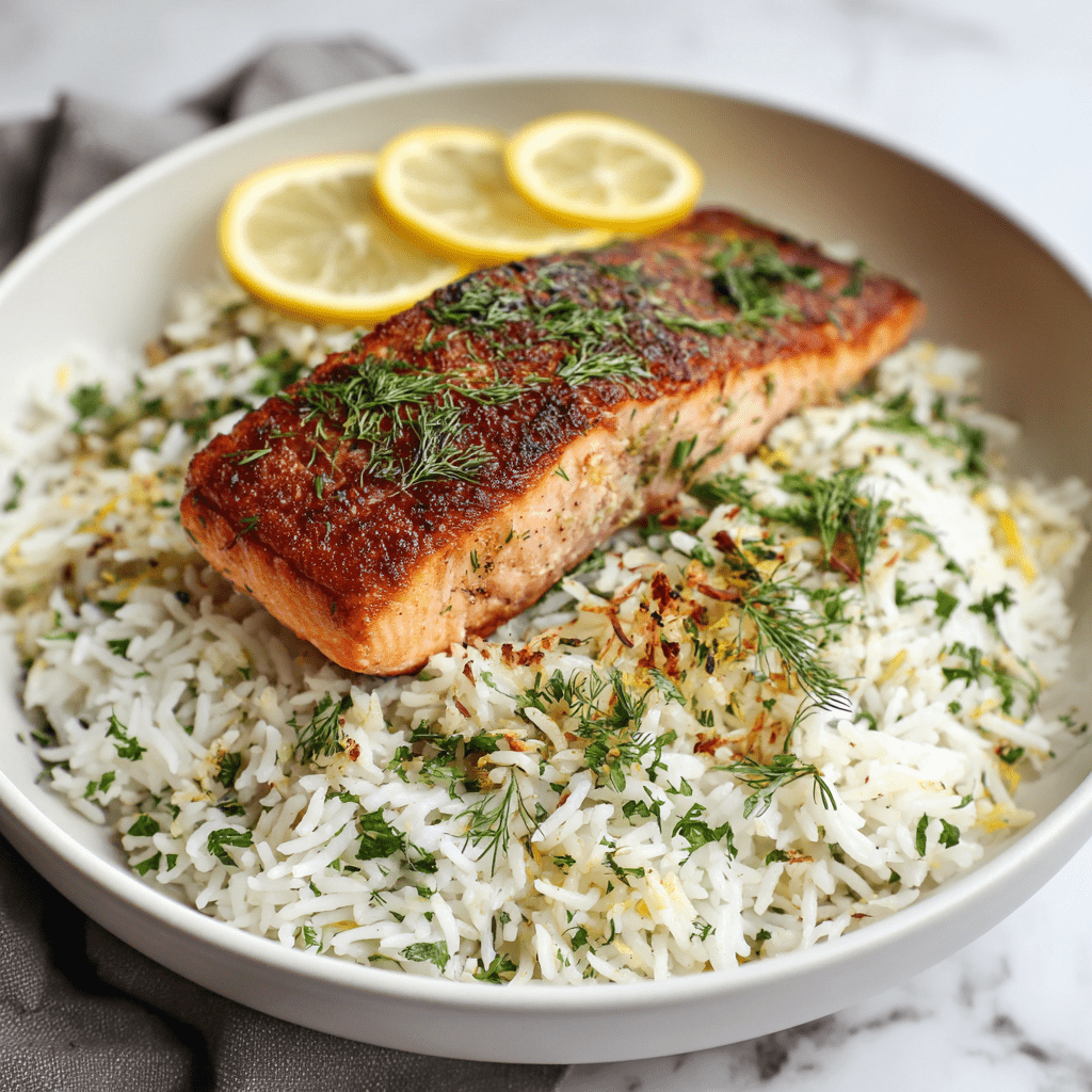 Pan-Seared Salmon with Garlic Butter and Herb Rice