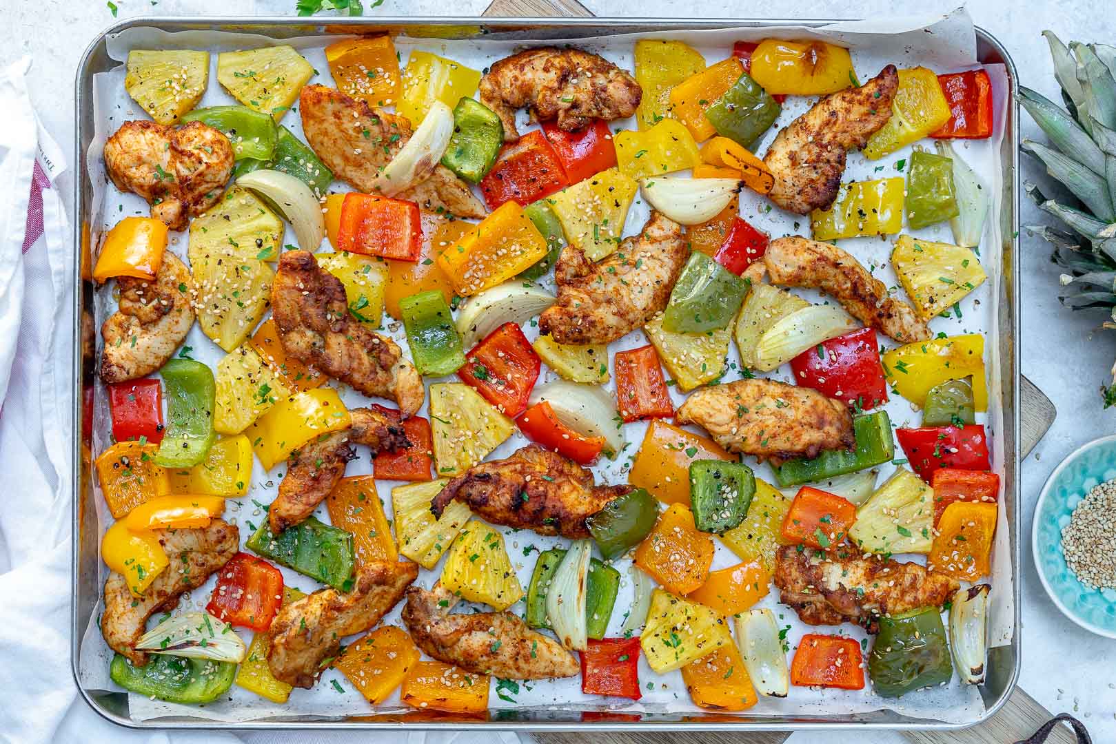 Sheet Pan Festive Chicken with Bell Peppers and Pineapple