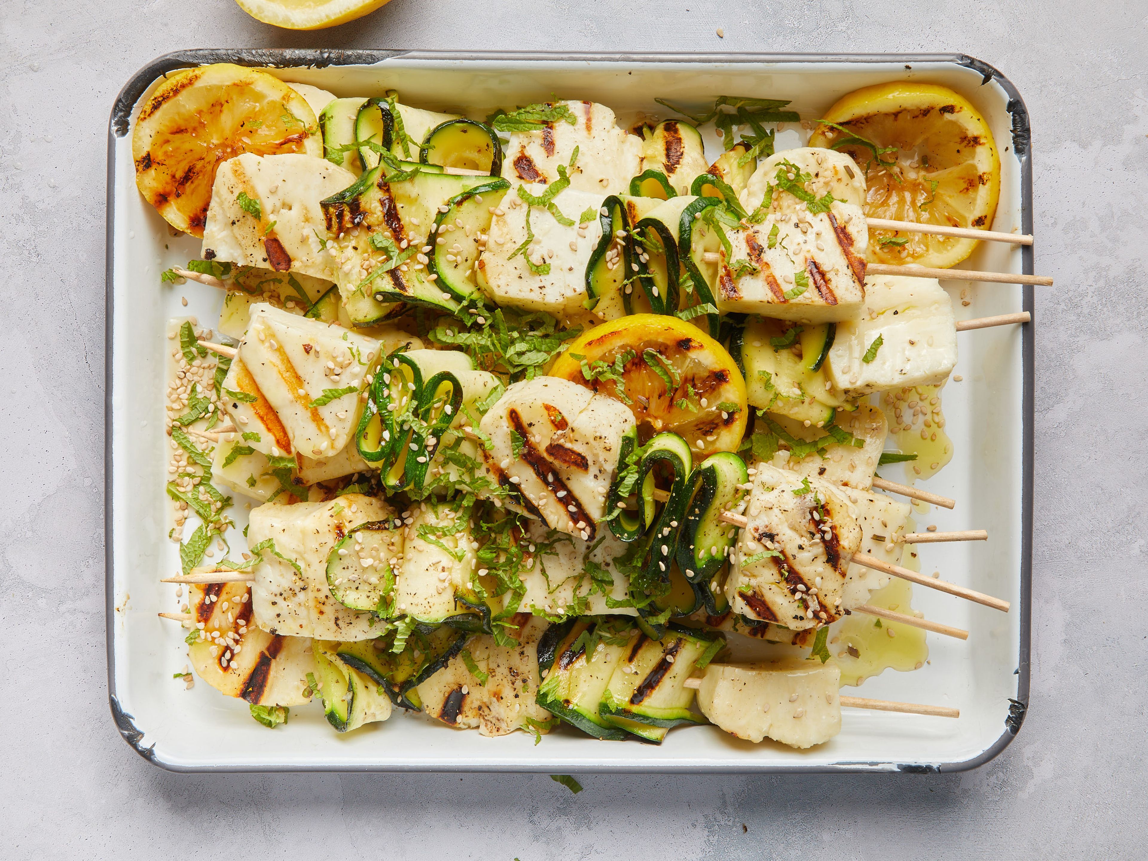 Griddled Zucchini and Halloumi Skewers with Lemon-Oregano Dressing