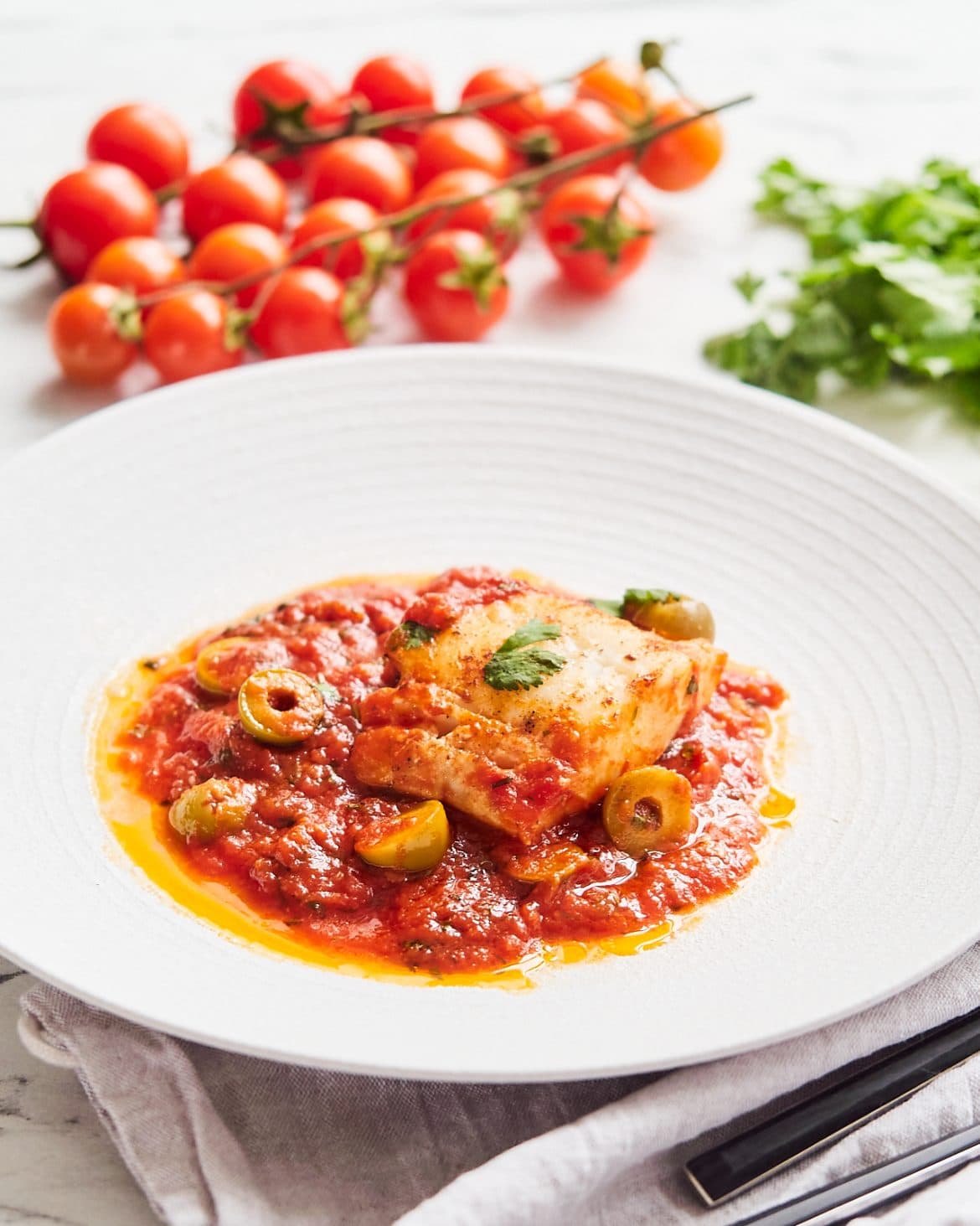 Baked Cod with Tomato-Olive Relish and Roasted Cauliflower