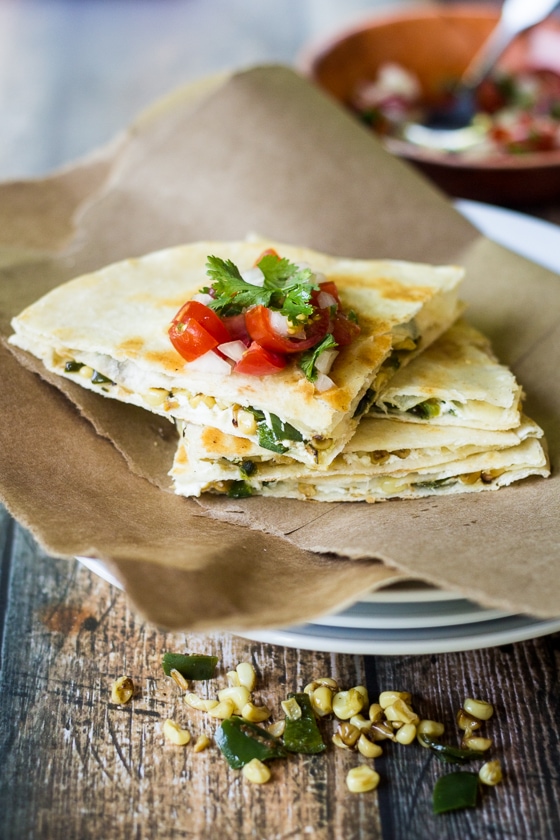 Charred Poblano and Sweet Corn Quesadilla with Cotija and Cilantro