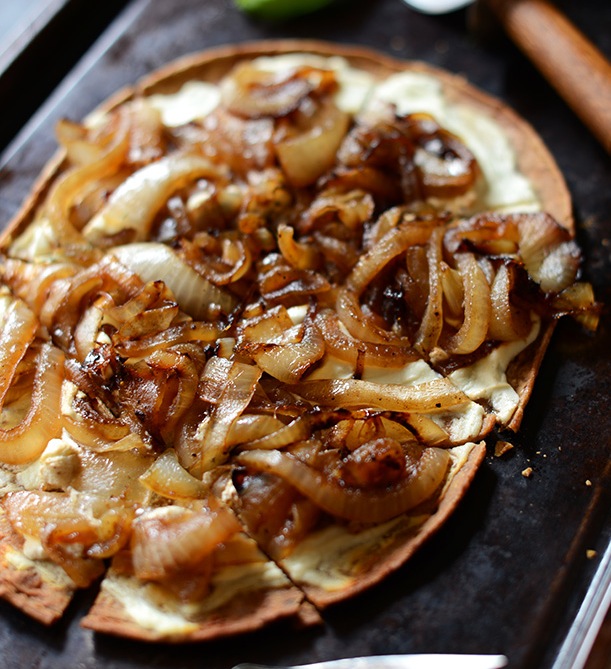 Wood-Fired Pizza with Roasted Garlic and Caramelized Onions