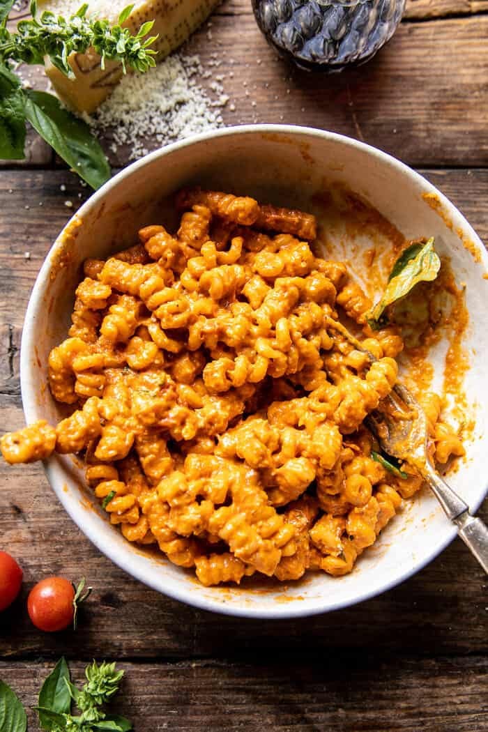 Vodka-Infused Tomato Basil Pasta with Garlic and Parmesan