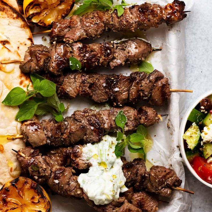 Char-Grilled Lamb Souvlaki with Tzatziki and Lemon Potatoes