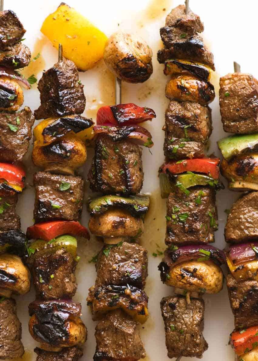 Skillet Beef Kebabs with Roasted Bell Pepper and Cumin
