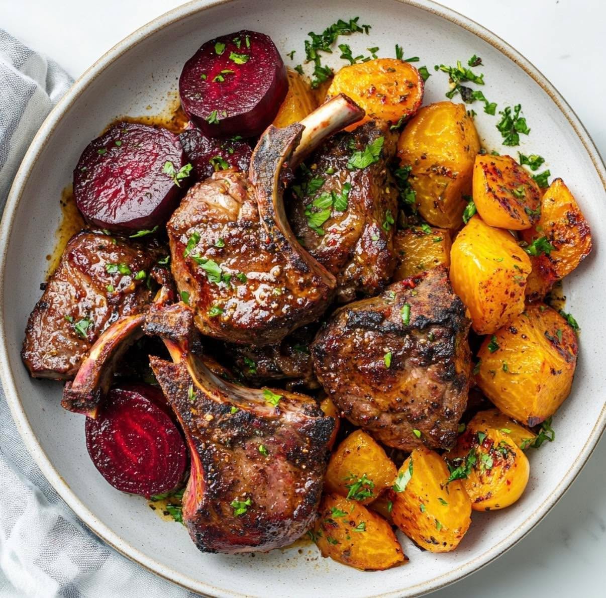 Eucalyptus-Infused Lamb Chops with Roasted Beetroot and Mint Sauce