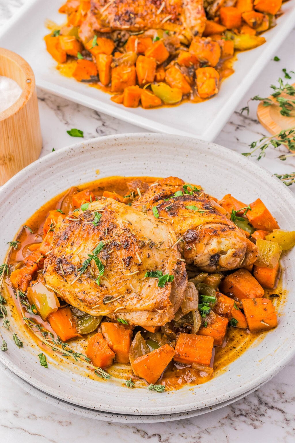 Sautéed Garlic Chicken Thighs with Sweet Potato and Spinach