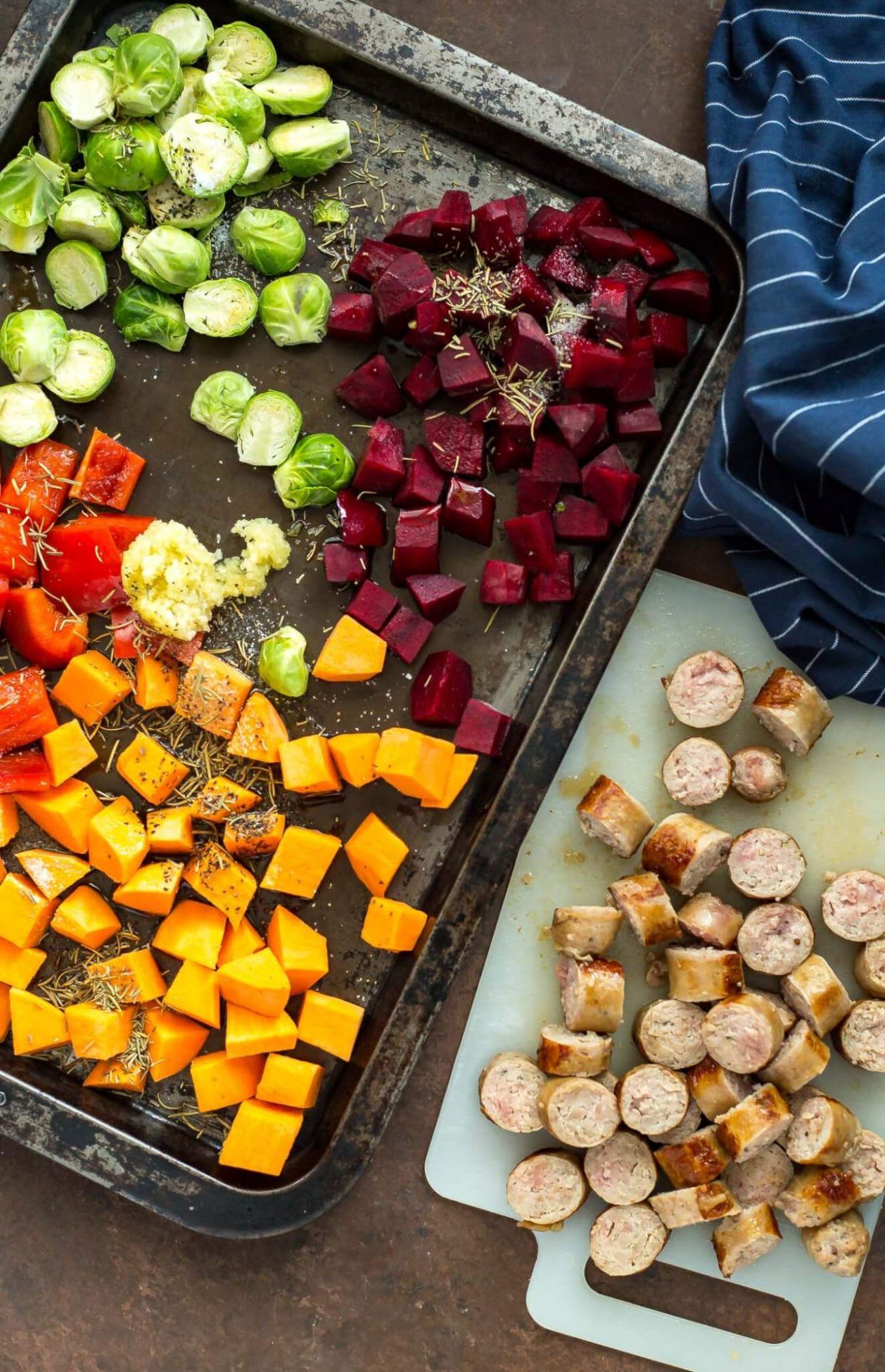 Sheet Pan Kangaroo Sausages with Roasted Sweet Potato and Beetroot