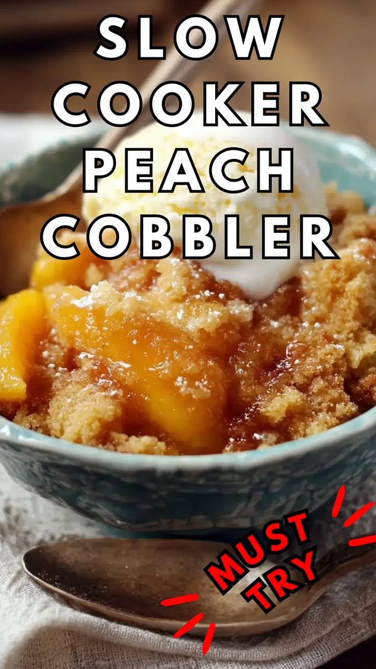 Slow Cooker Peach Cobbler with Cinnamon and Nutmeg
