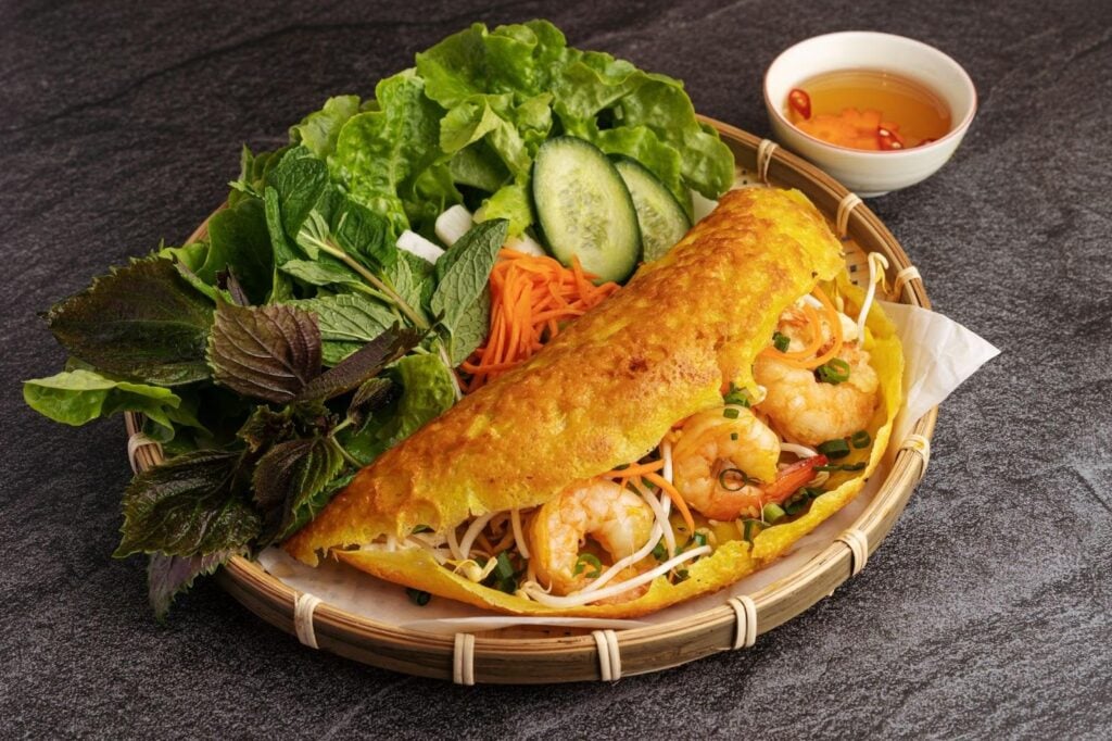 Crispy Vietnamese Banh Xeo Pancakes with Shrimp and Bean Sprouts