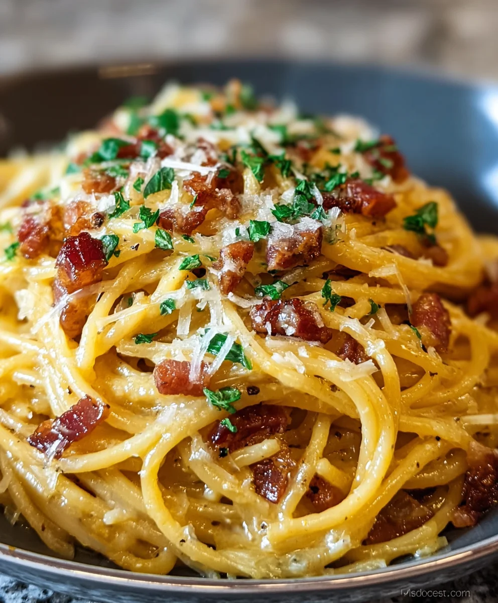 Layered Spaghetti Carbonara with Crispy Pancetta