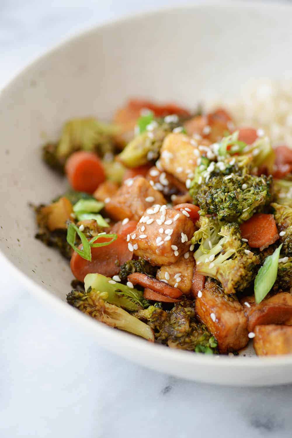Garlic-Sesame Stir-Fried Tofu with Broccoli and Carrots