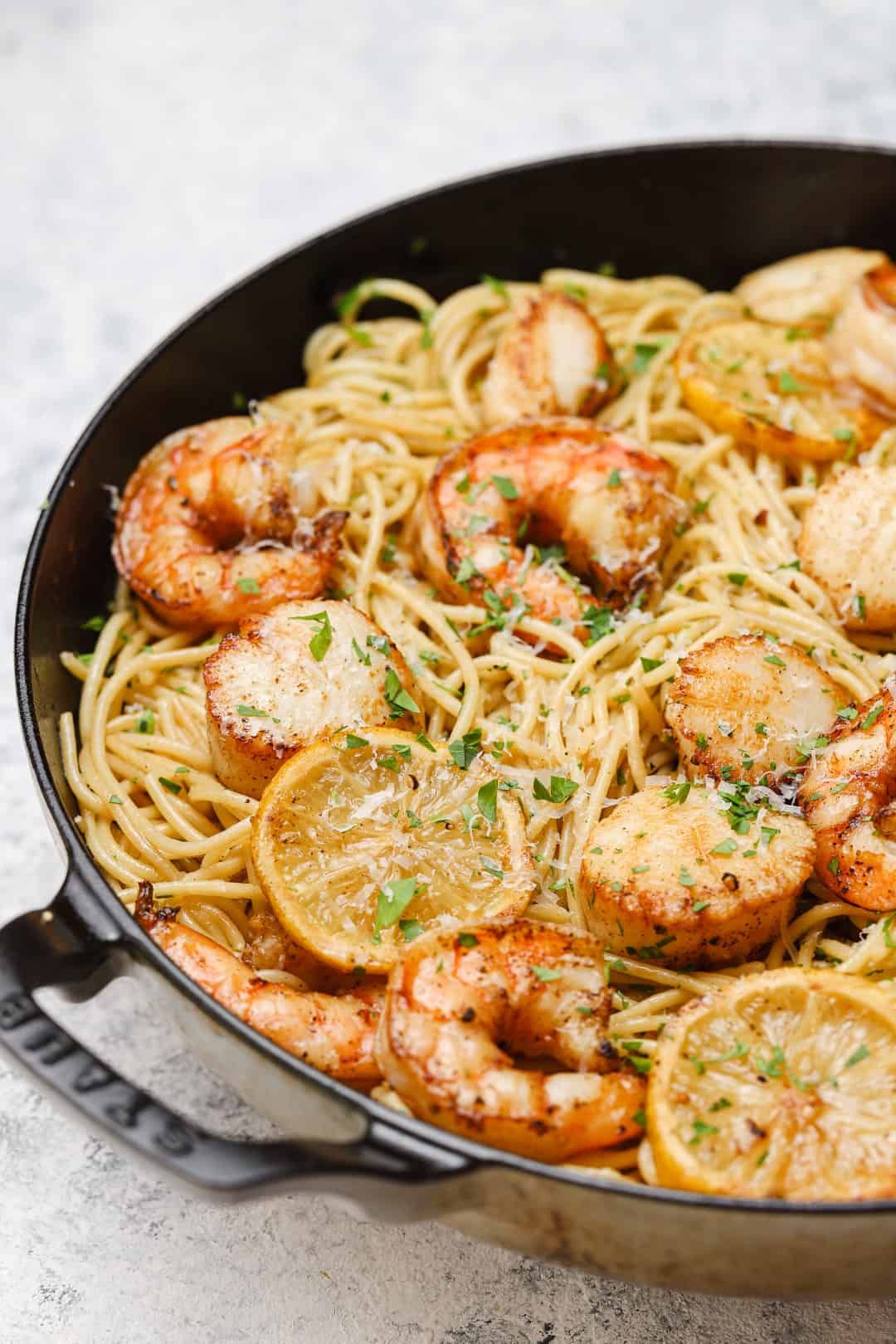 Lemon Herb Scallops with Garlic Shrimp Pasta