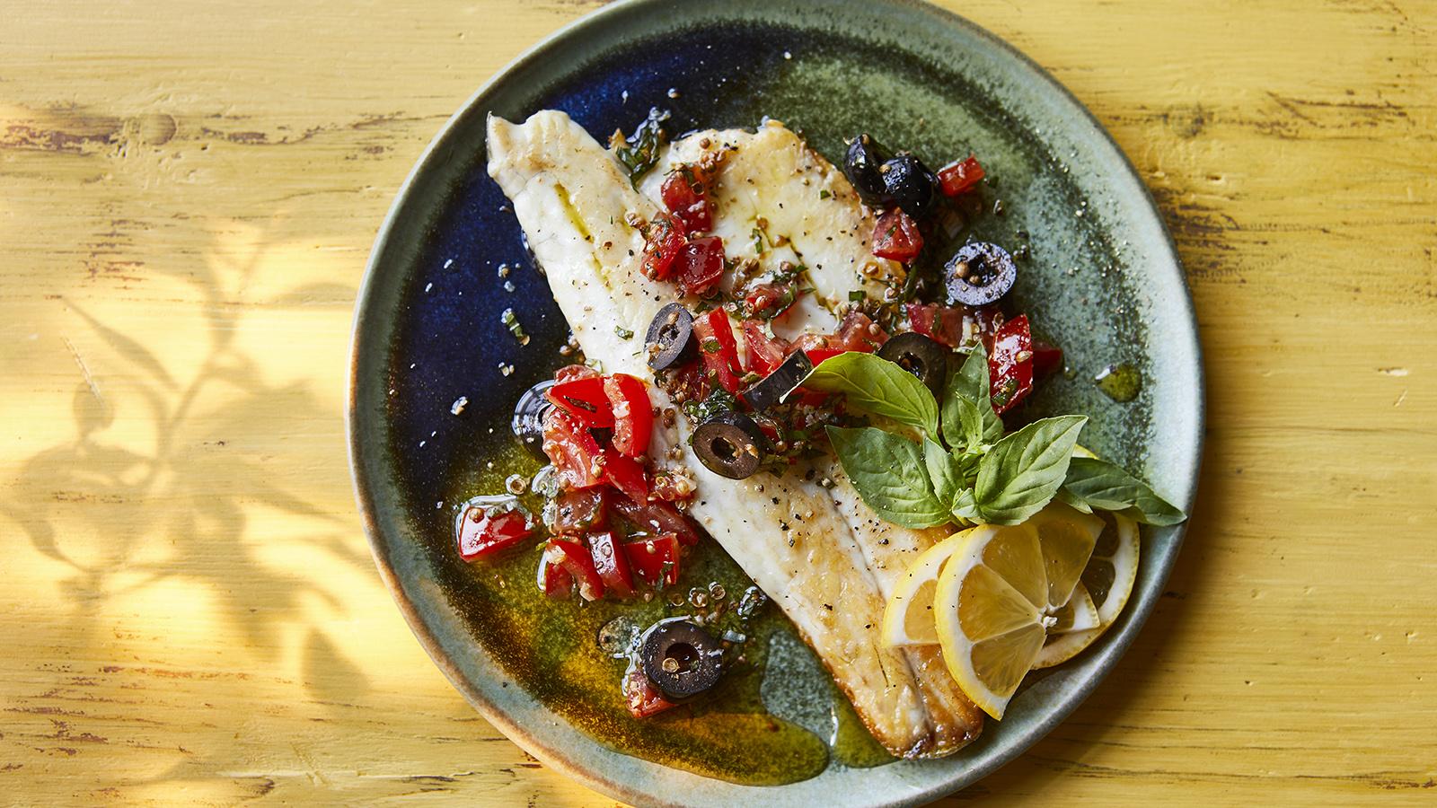 Pan-Seared Sea Bass with Olive-Caper Sauce