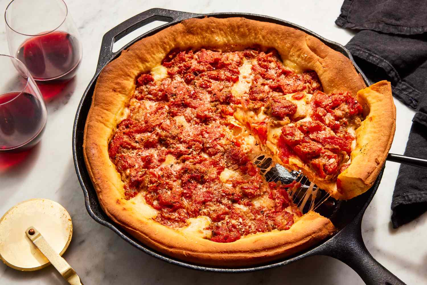 Deep-Dish Chicago-Style Pizza with Sausage and Mozzarella