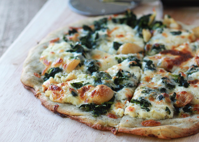 Trio Pizza with Roasted Garlic, Spinach, and Ricotta
