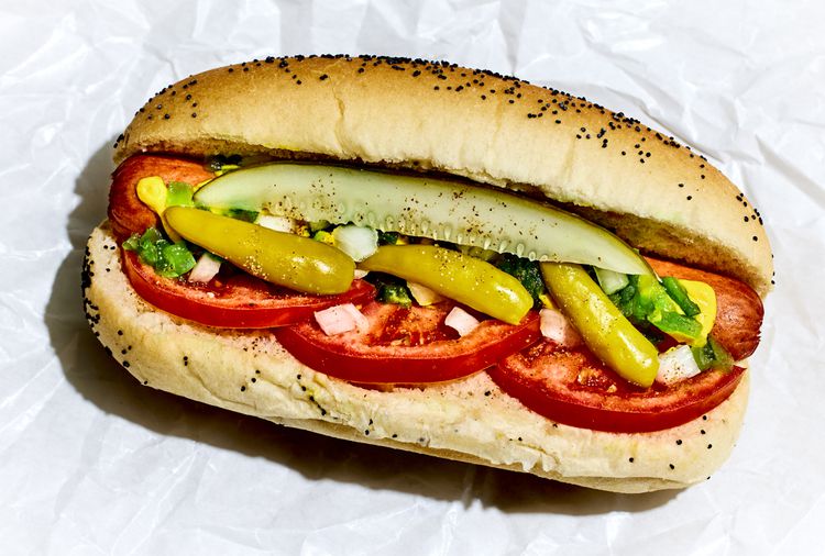 Grilled Chicago-Style Hot Dog with Mustard and Relish
