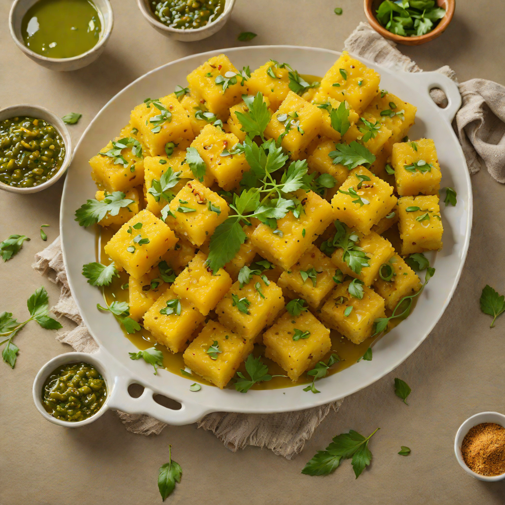 Crisp Dhokla with Green Chili and Ginger Tempering