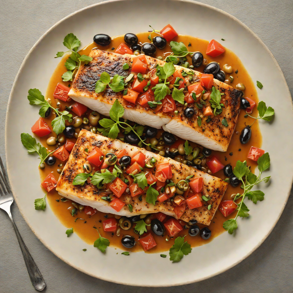 Pan-Seared Sea Bass with Tomato-Olive Caper Sauce