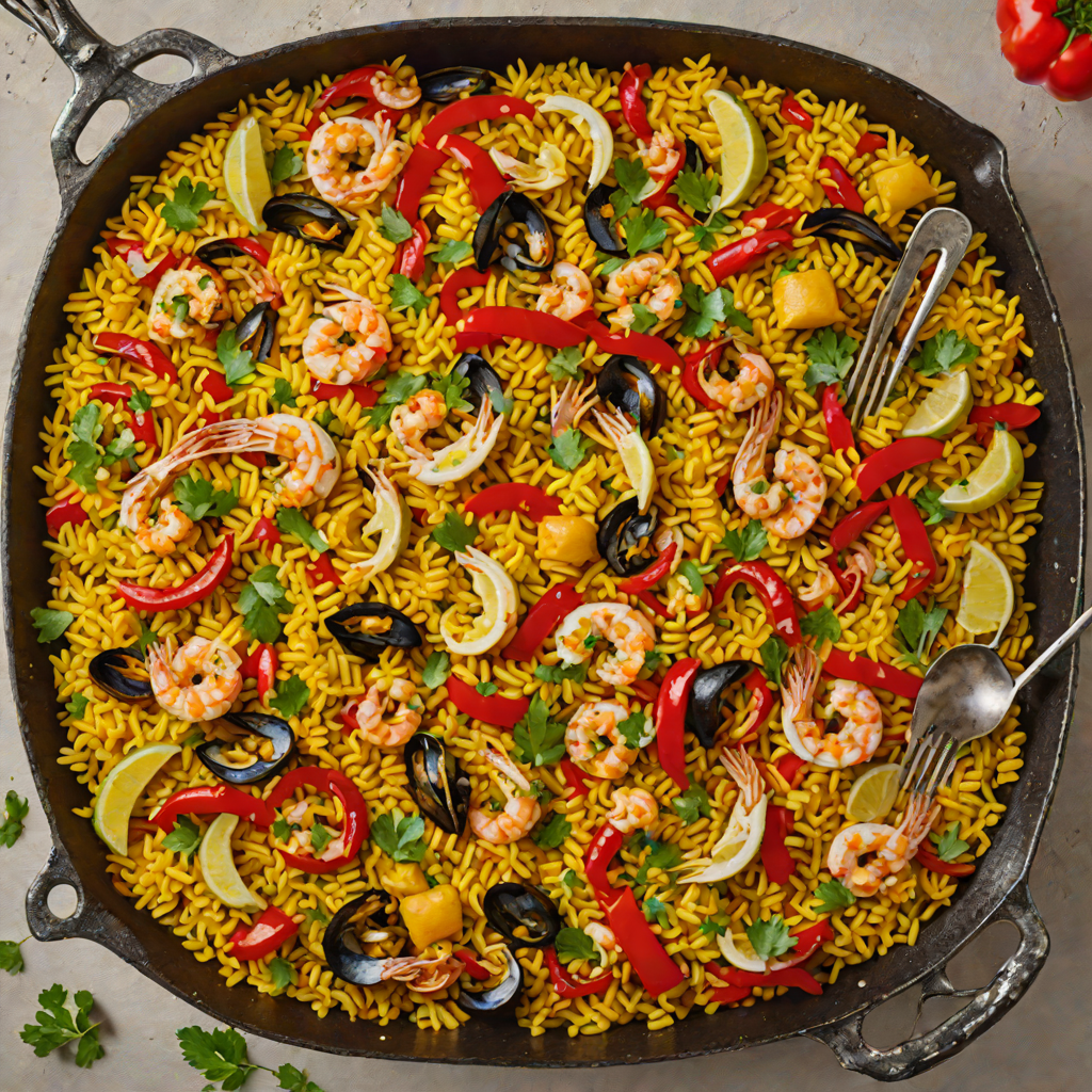 Saffron-Infused Seafood Paella with Chorizo and Roasted Red Peppers