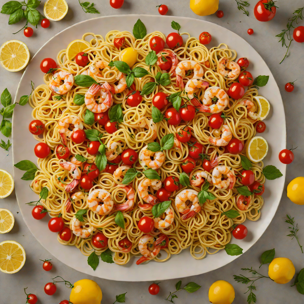 Web of Pasta with Lemon-Herb Shrimp and Cherry Tomatoes