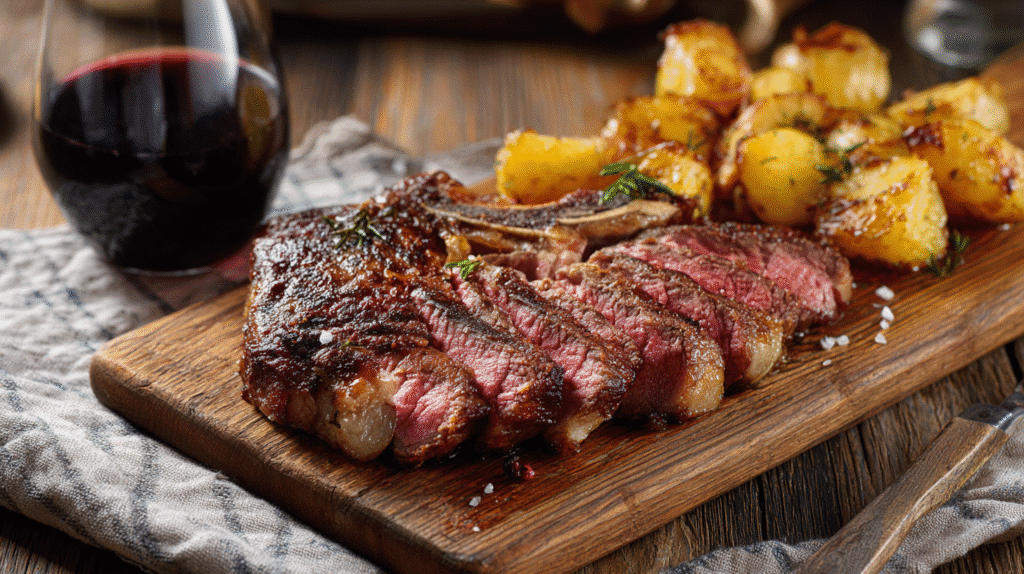 Dry-Aged Ribeye Steak with Red Wine Reduction and Garlic Butter