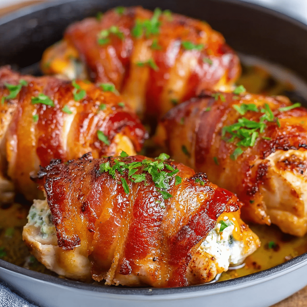 Baked Bacon-Wrapped Chicken with Mushrooms and Melted Cheese