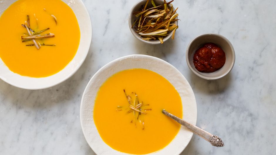 Harissa-Spiced Carrot and Coconut Soup with Crispy Leeks