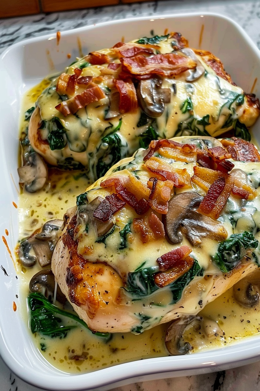 Pan-Seared Chicken with Bacon, Mushrooms, and Melted Cheese