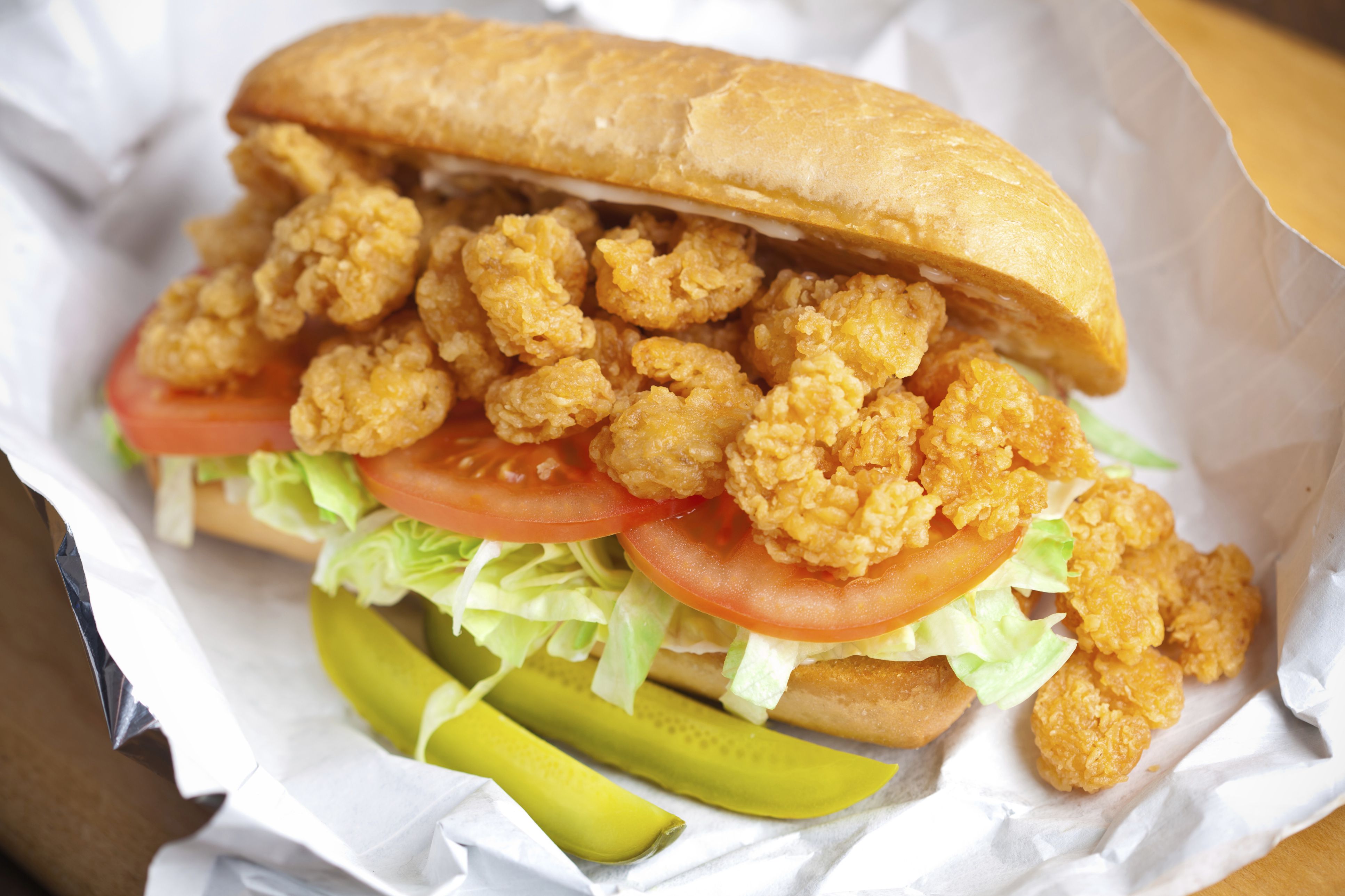 Spicy Po’Boy Sandwich with Crispy Fried Shrimp and Remoulade