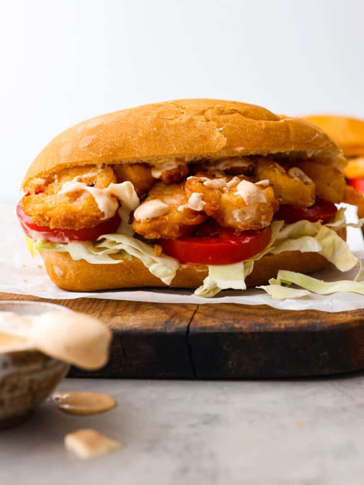 Spicy Cajun Po’Boy Sandwich with Crispy Fried Shrimp