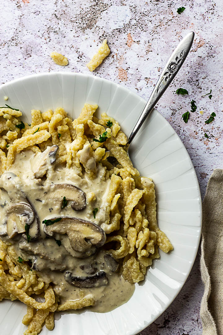 Spätzle Noodles with Creamy Mushroom and Onion Ragout
