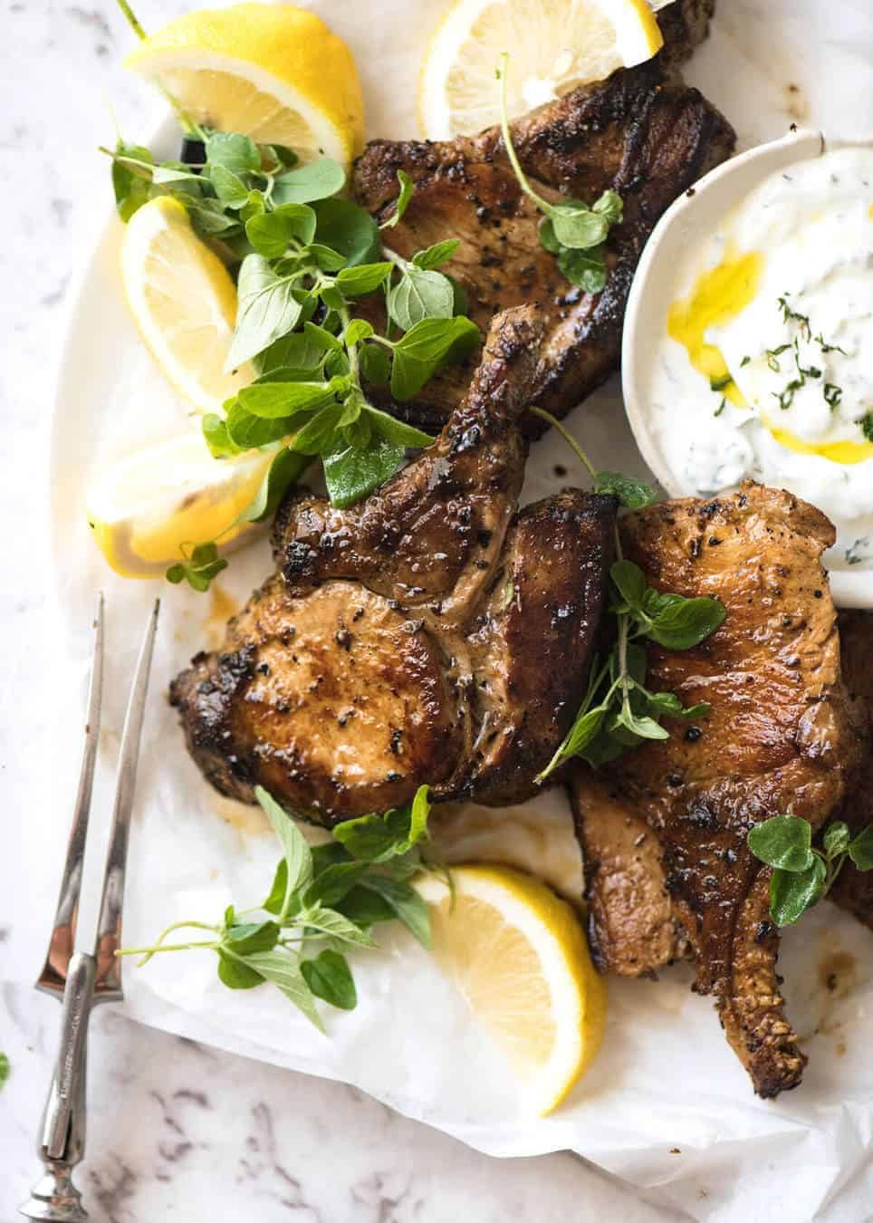 Grilled Lemon-Oregano Pork Chops with Garlic and Rosemary