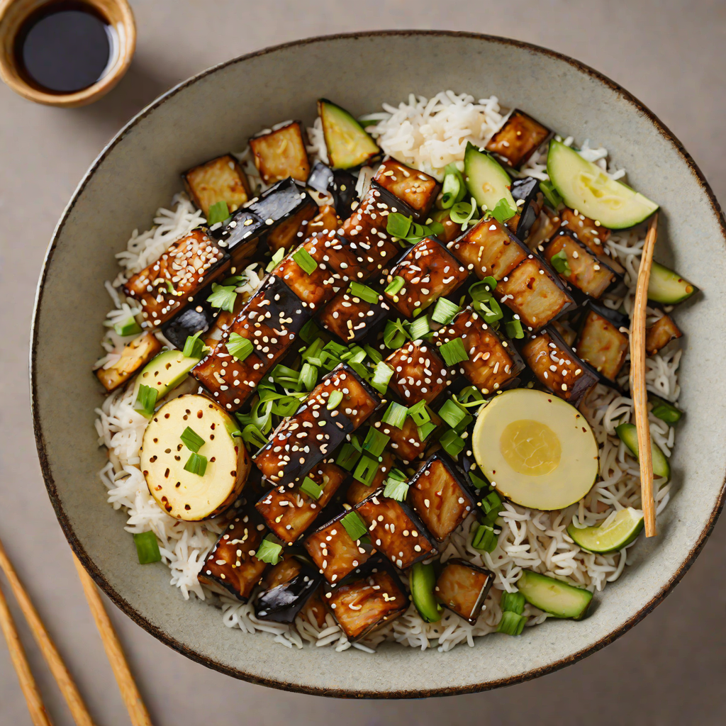 Baked Miso-Glazed Eggplant Donburi with Scallions