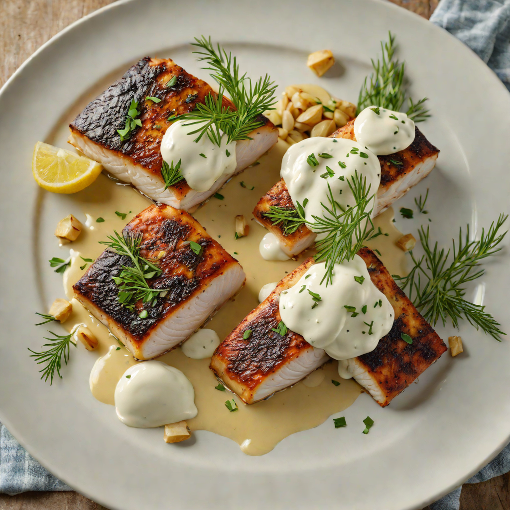 Pan-Seared Sea Bass with Garlic and Dill Yogurt Sauce