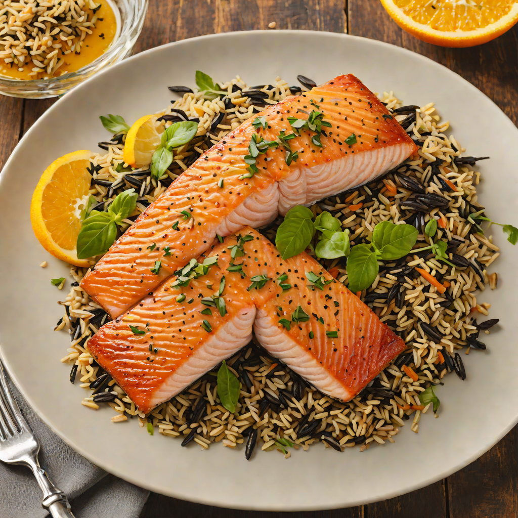 Pan-Seared Salmon with Orange-Basil Glaze and Wild Rice Pilaf